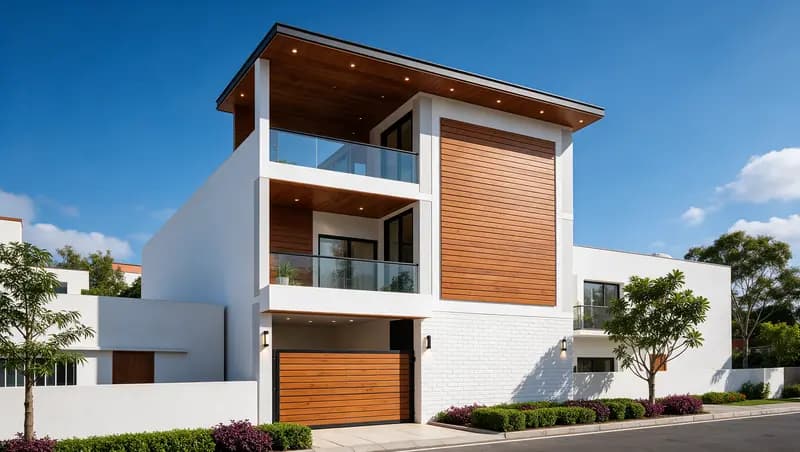 Three-storey façade with timber cladding