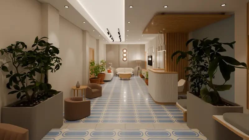 Lounge reception with plants and patterned floor