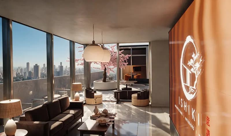 Office lounge with city skyline view