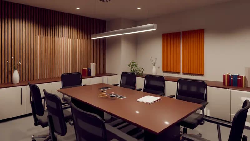 Meeting room with long table and timber wall
