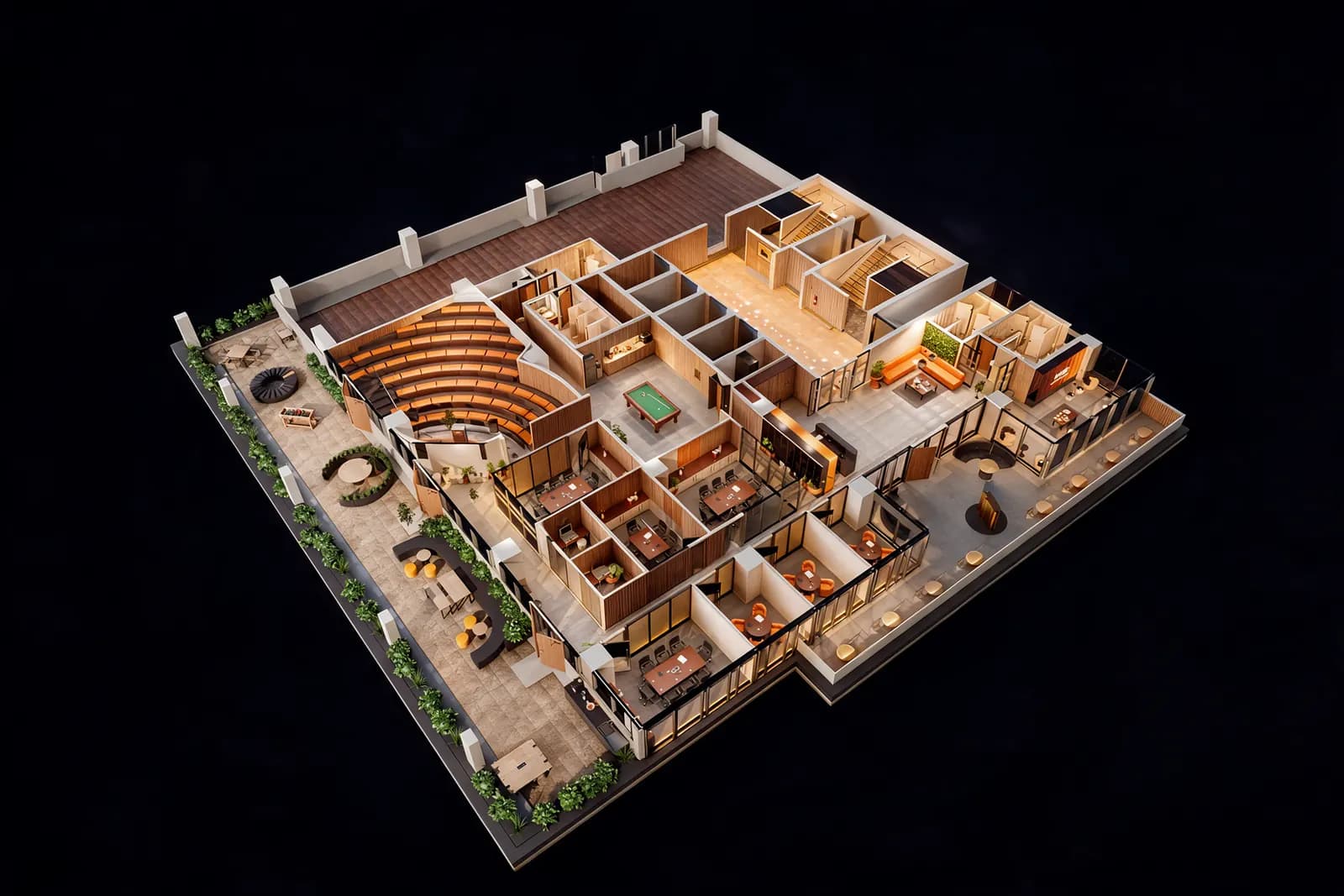 Photoreal render of a full office floor cutaway