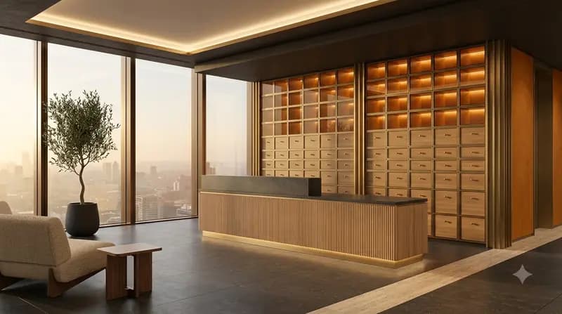 Finished photoreal render of a wood-panelled reception
