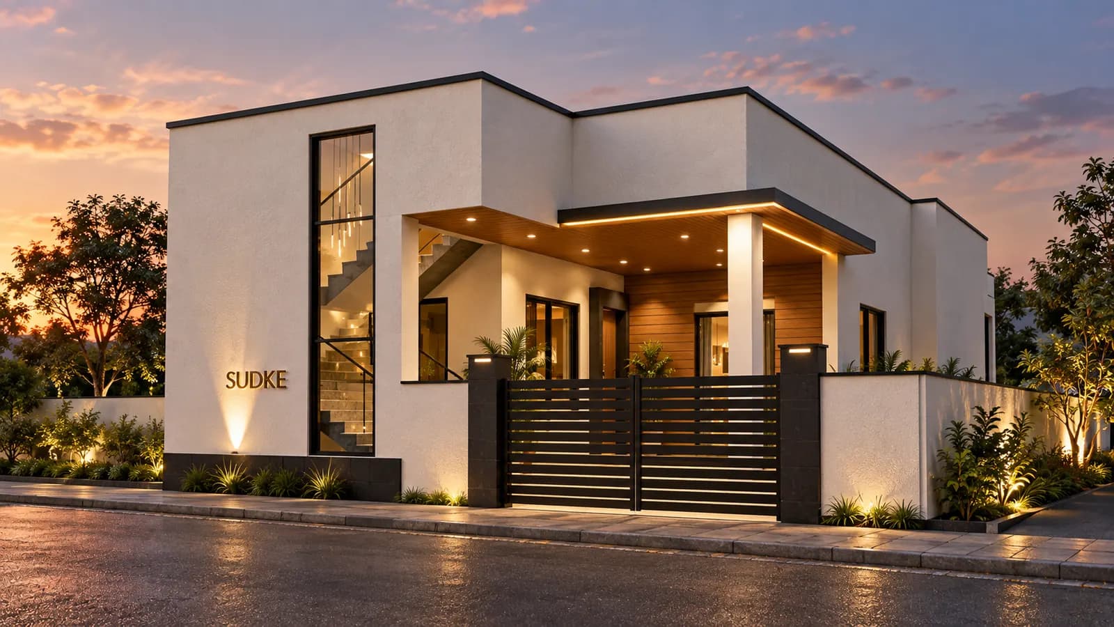 Photoreal dusk render of a modern two-storey villa with warm façade lighting